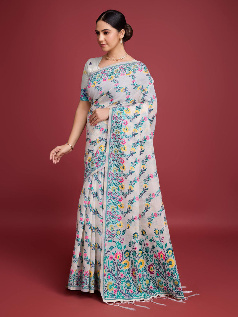 Handloom Traditional White & Green Pure Cotton Jamdani Saree