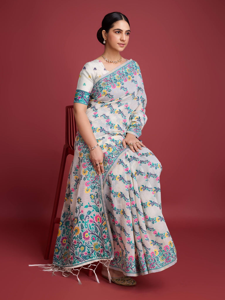 Handloom Traditional White & Green Pure Cotton Jamdani Saree