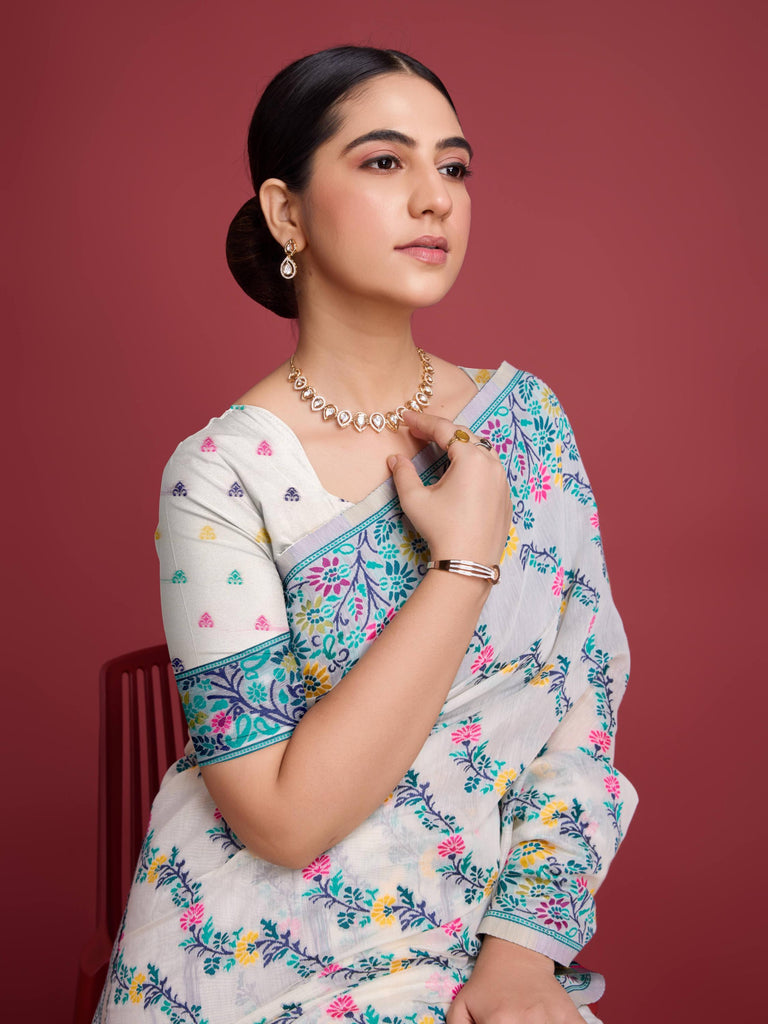 Handloom Traditional White & Green Pure Cotton Jamdani Saree