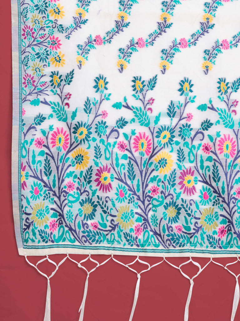 Handloom Traditional White & Green Pure Cotton Jamdani Saree