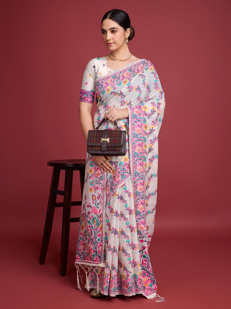 Handloom Traditional White & Pink Pure Cotton Jamdani Saree