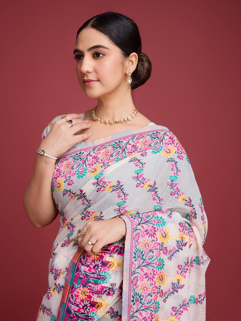 Handloom Traditional White & Pink Pure Cotton Jamdani Saree