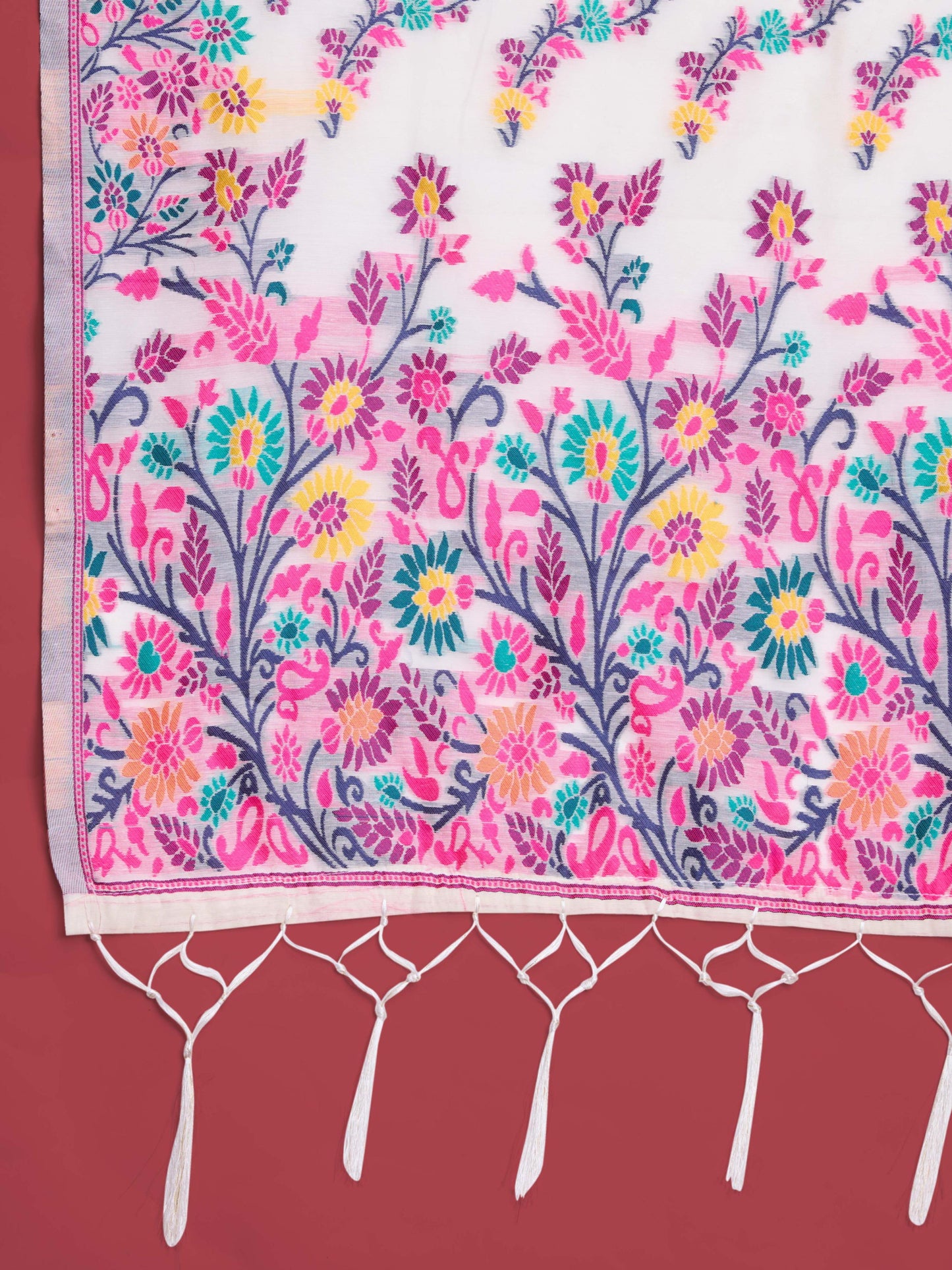 Handloom Traditional White & Pink Pure Cotton Jamdani Saree