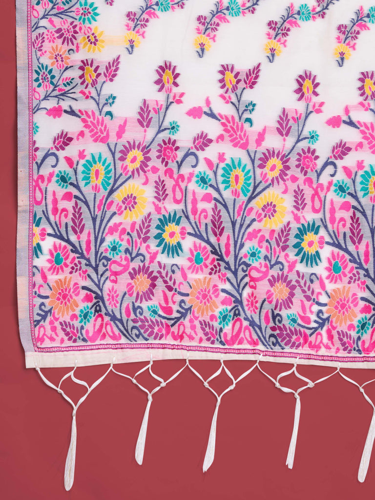 Handloom Traditional White & Pink Pure Cotton Jamdani Saree