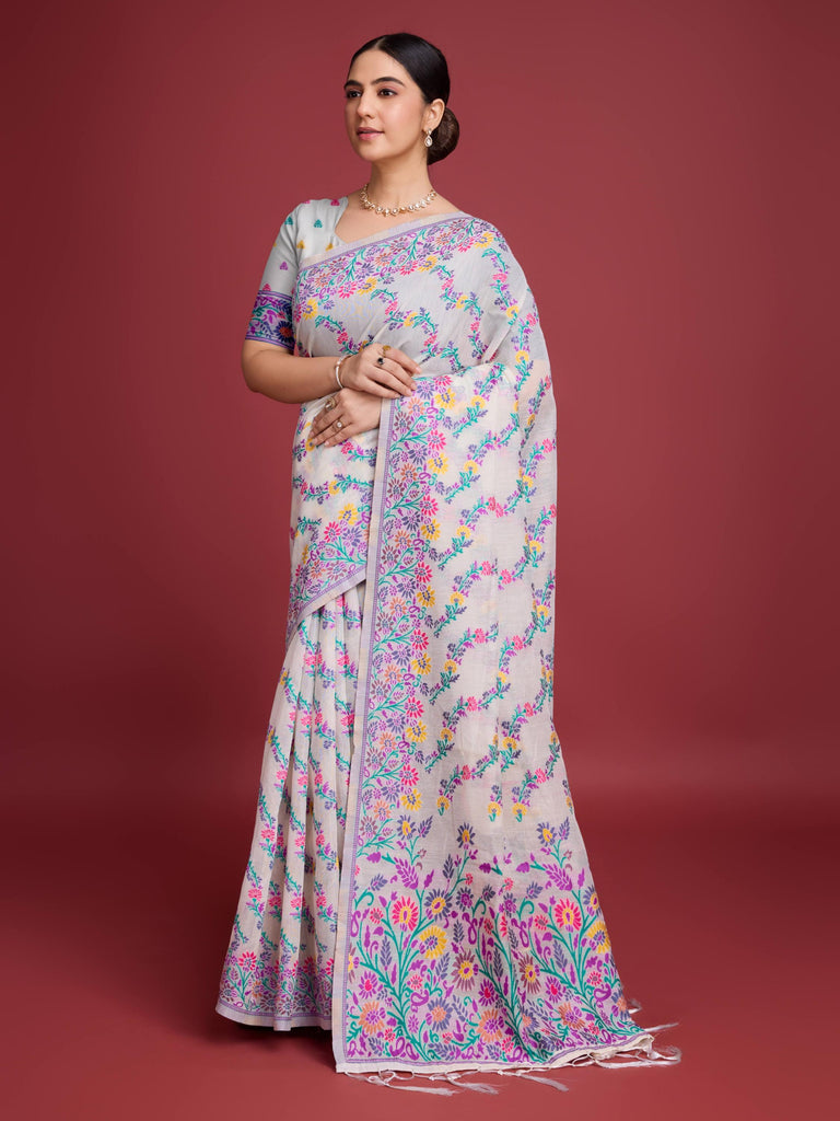 Handloom Traditional White & Purple Pure Cotton Jamdani Saree