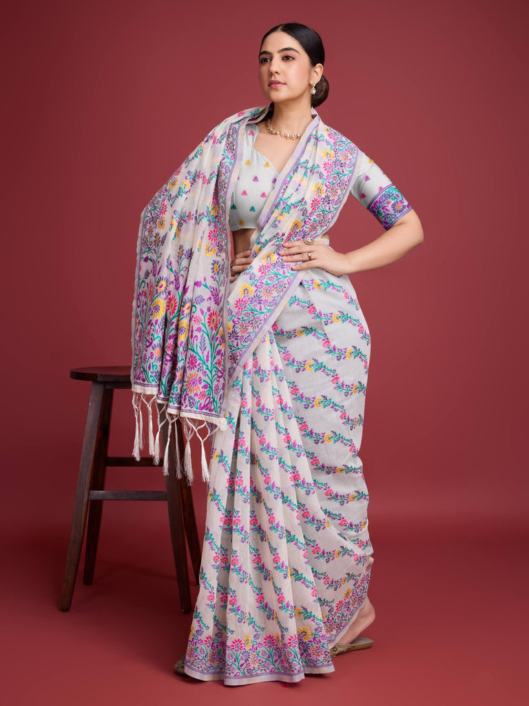 Handloom Traditional White & Purple Pure Cotton Jamdani Saree