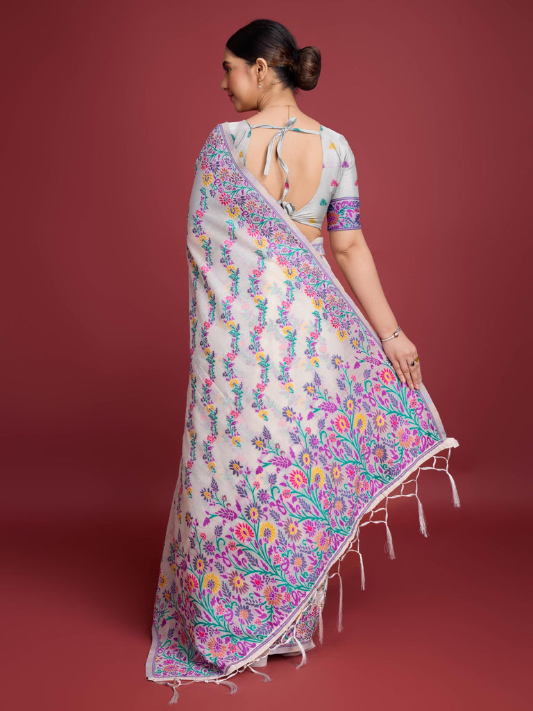 Handloom Traditional White & Purple Pure Cotton Jamdani Saree