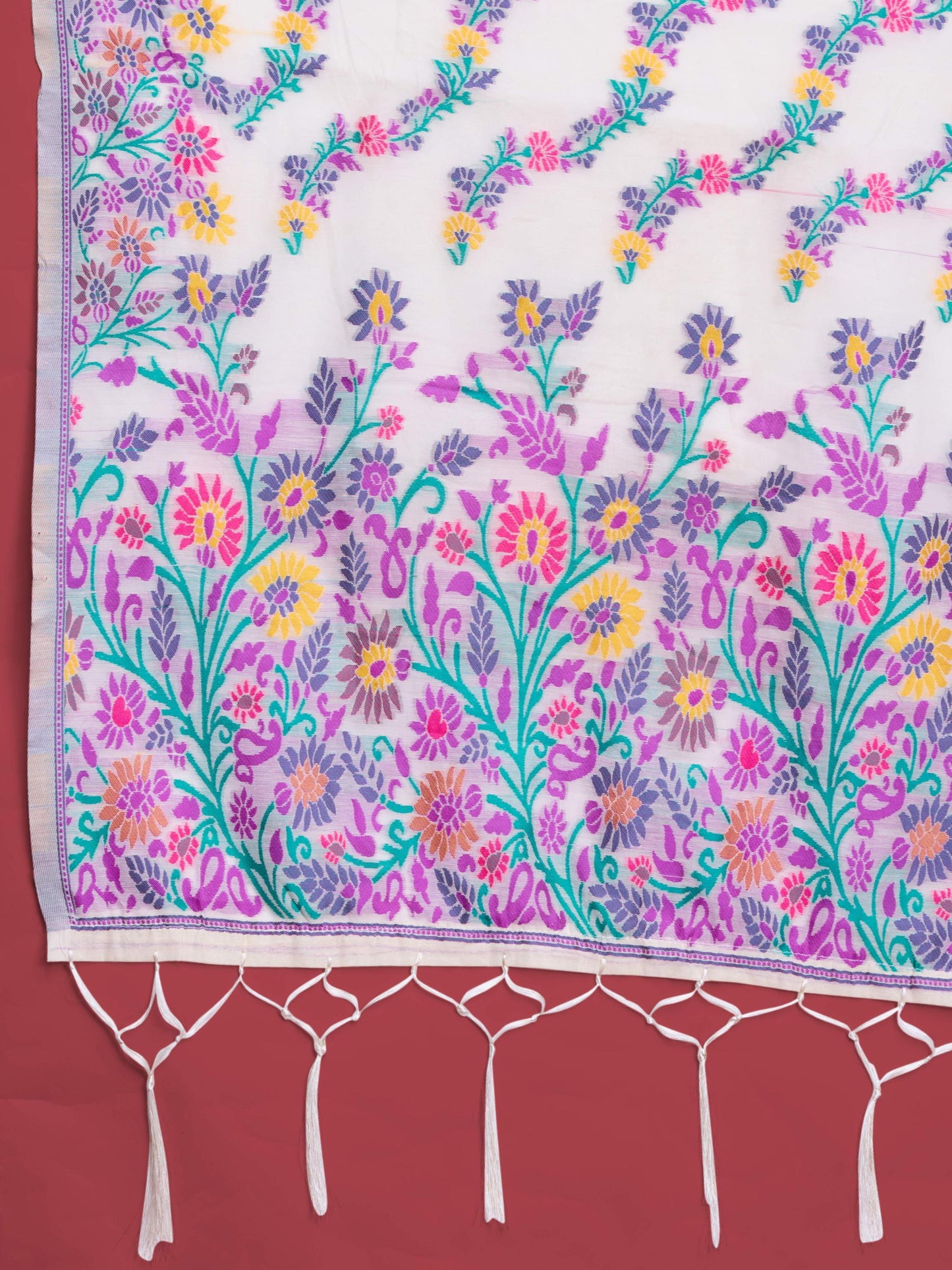 Handloom Traditional White & Purple Pure Cotton Jamdani Saree