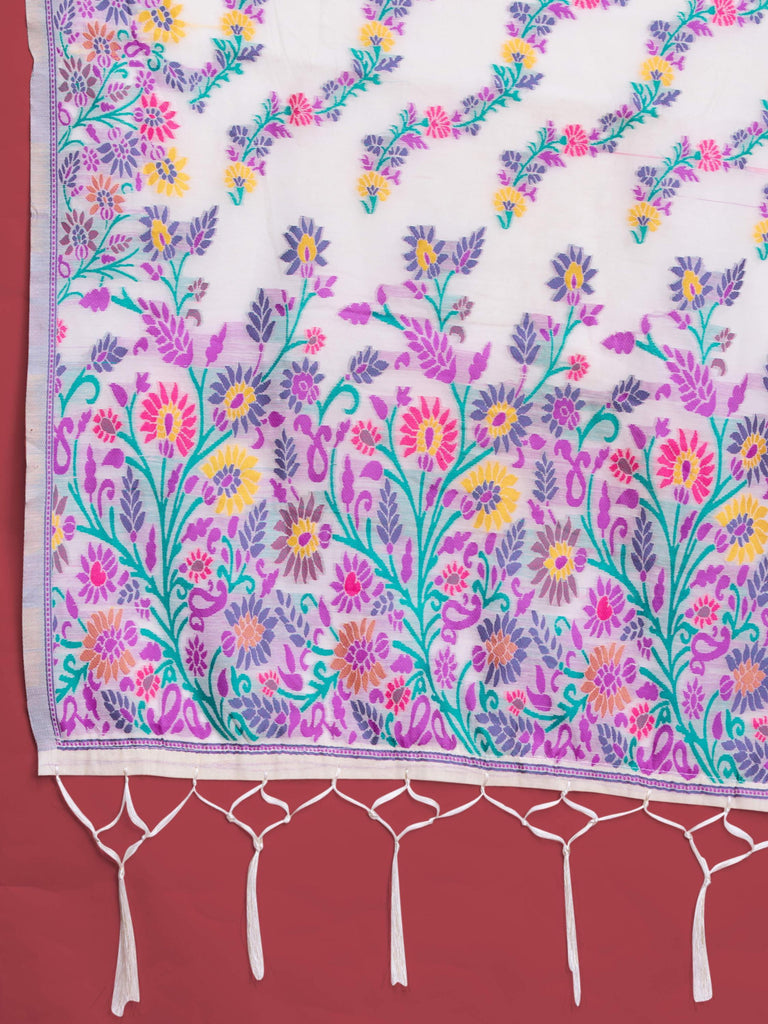 Handloom Traditional White & Purple Pure Cotton Jamdani Saree