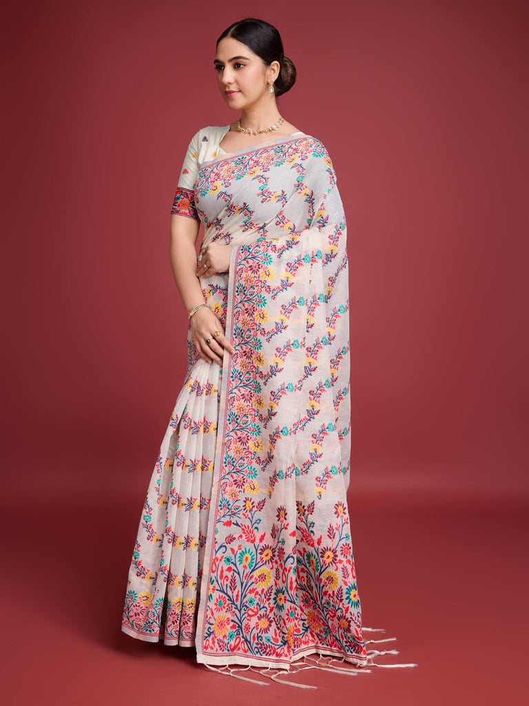 Handloom Traditional White & Red Pure Cotton Jamdani Saree