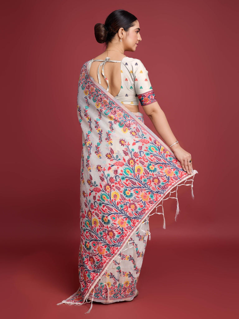 Handloom Traditional White & Red Pure Cotton Jamdani Saree