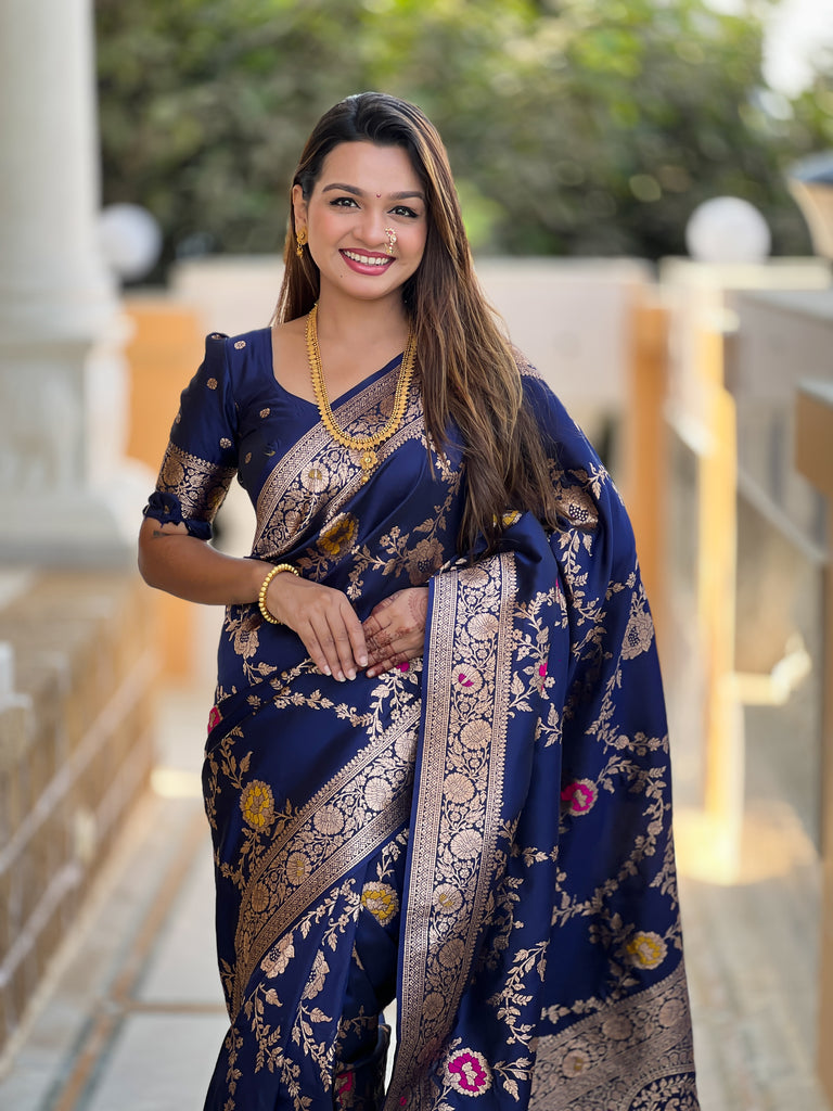 Navy Blue Graceful Trending Banarasi Silk Saree With Blouse Piece