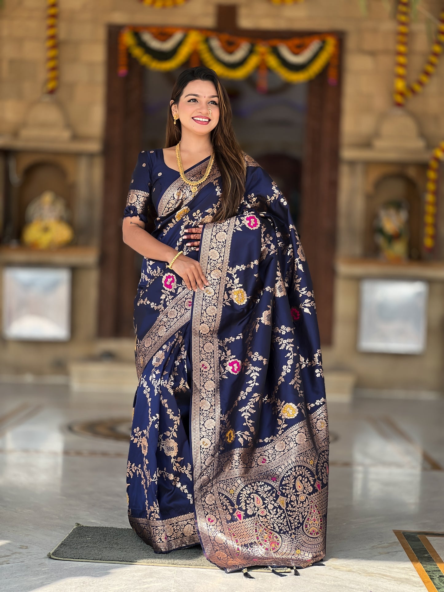 Navy Blue Graceful Trending Banarasi Silk Saree With Blouse Piece