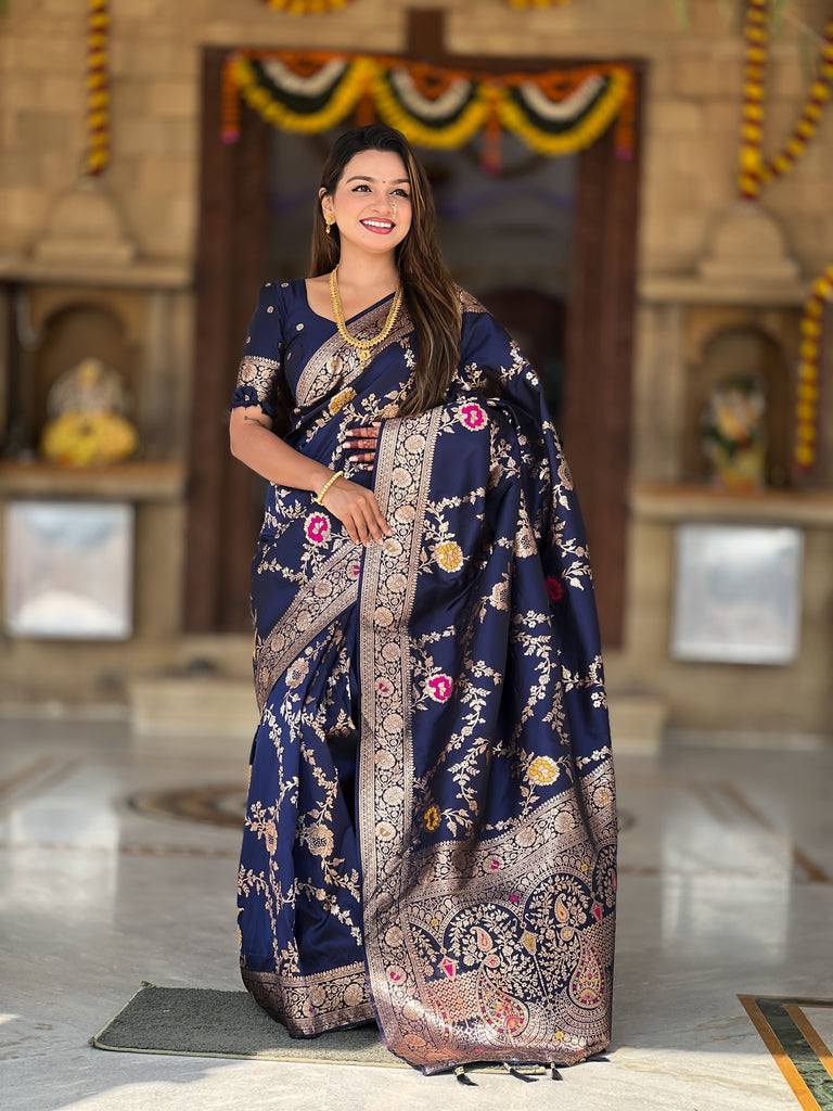 Navy Blue Graceful Trending Banarasi Silk Saree With Blouse Piece