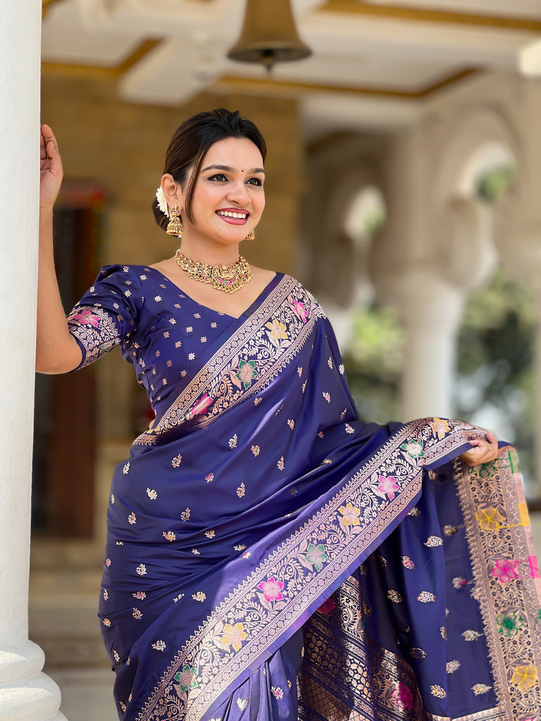 Navy Blue Zari Weaving Banarasi Saree With Blouse Piece