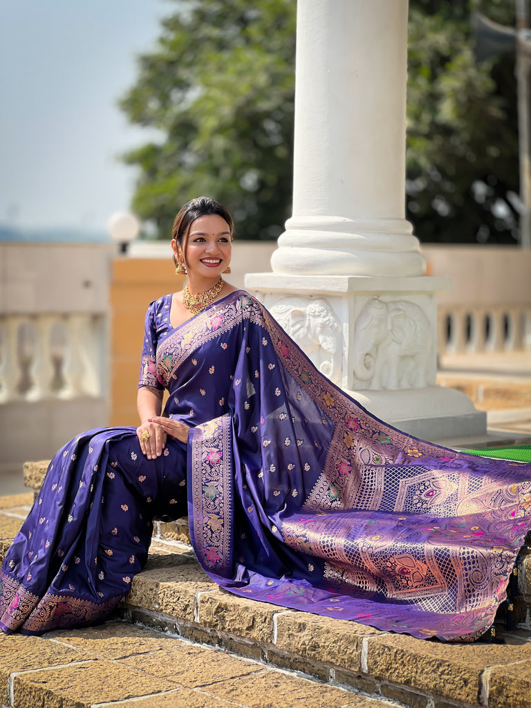Navy Blue Zari Weaving Banarasi Saree With Blouse Piece