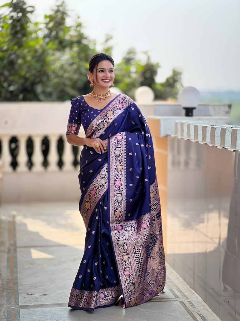 Navy Blue Zari Weaving Banarasi Saree With Blouse Piece