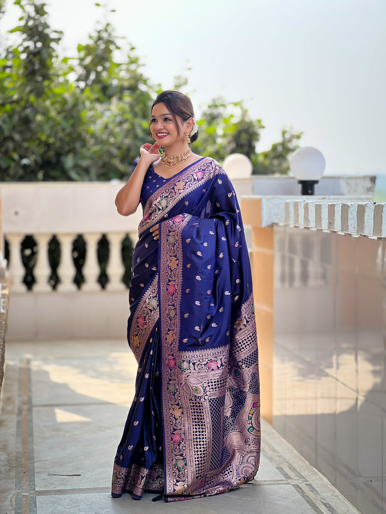 Navy Blue Zari Weaving Banarasi Saree With Blouse Piece