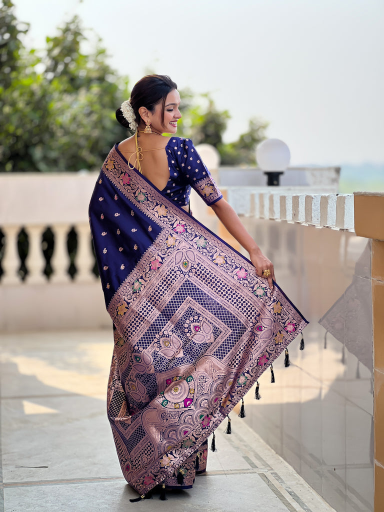 Navy Blue Zari Weaving Banarasi Saree With Blouse Piece