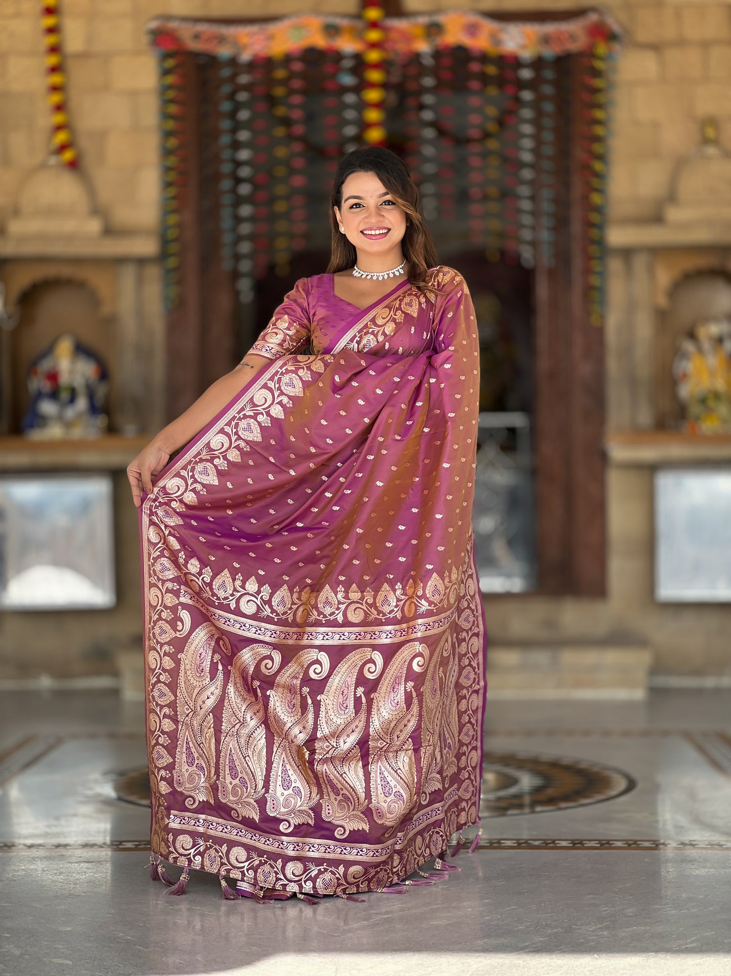 Dark Peach Unique Meena Banarasi Silk Saree With Blouse Piece