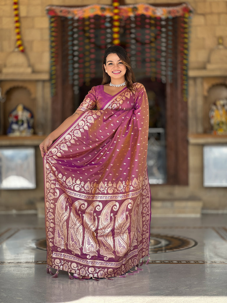 Dark Peach Unique Meena Banarasi Silk Saree With Blouse Piece