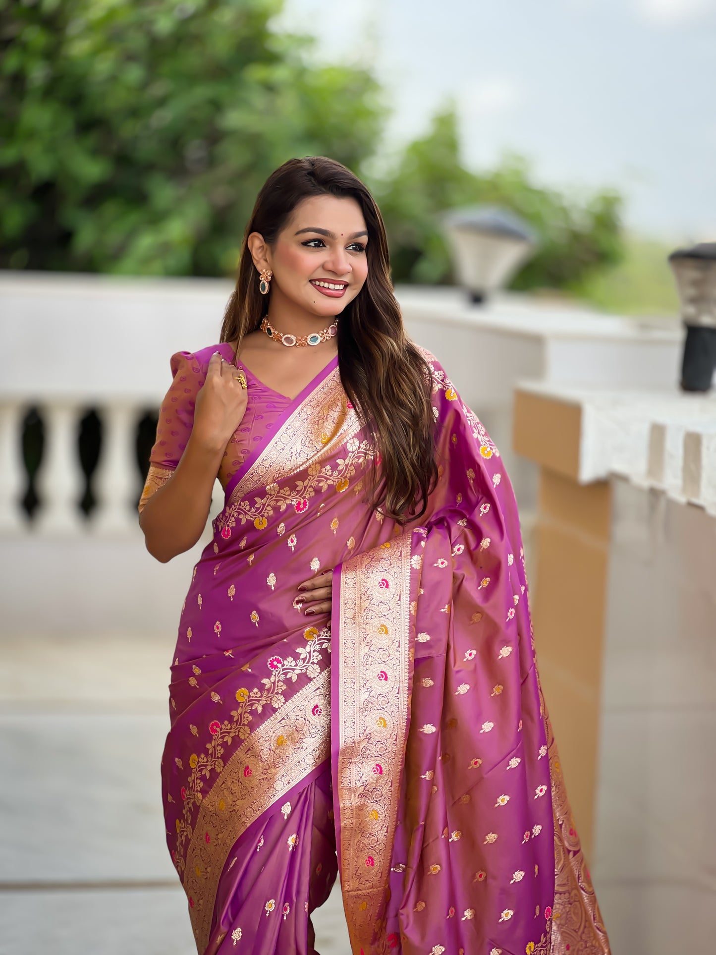 Dark Peach Graceful Meena Banarasi Silk Saree With Blouse Piece