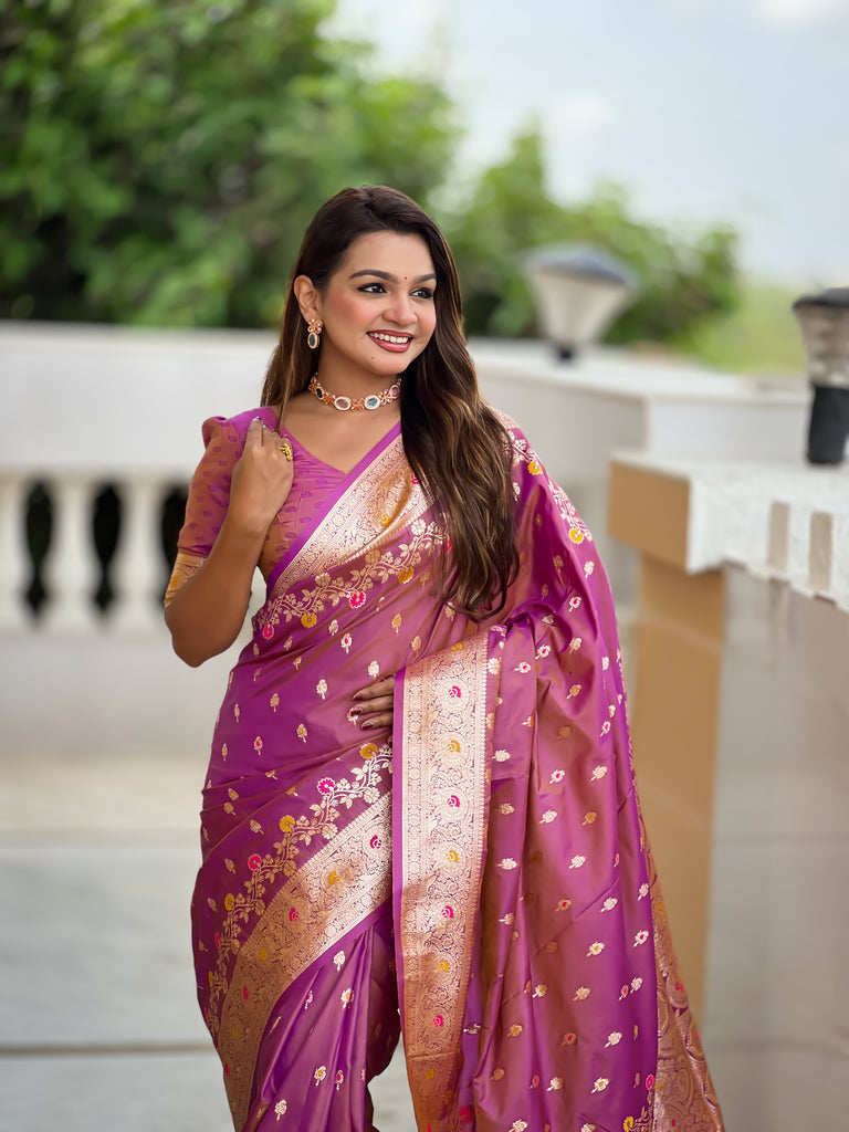 Dark Peach Graceful Meena Banarasi Silk Saree With Blouse Piece