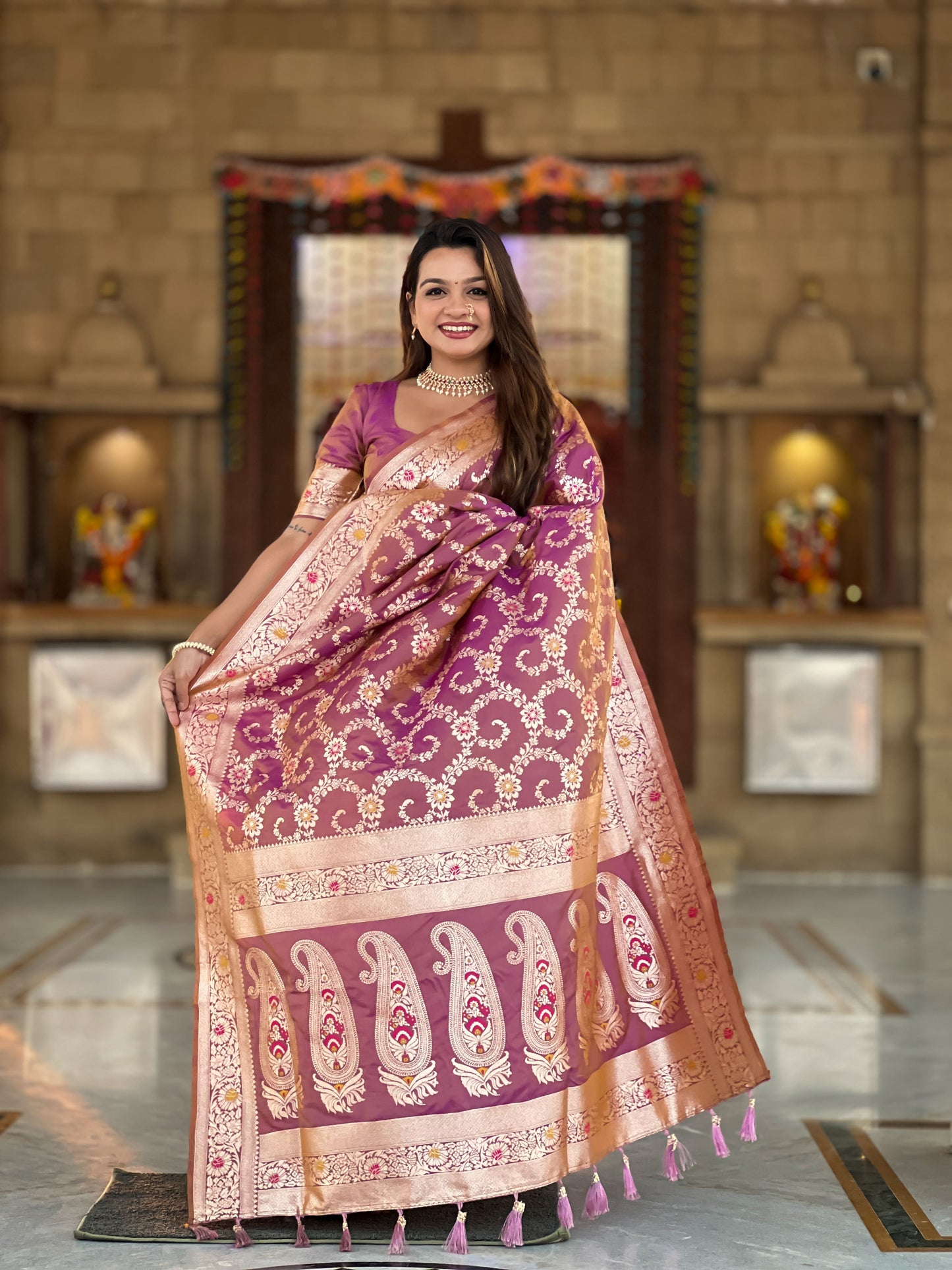 Dark Peach Graceful Glow Banarasi Silk Saree With Blouse Piece