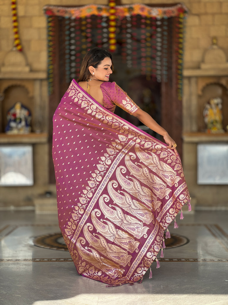 Dark Peach Unique Meena Banarasi Silk Saree With Blouse Piece