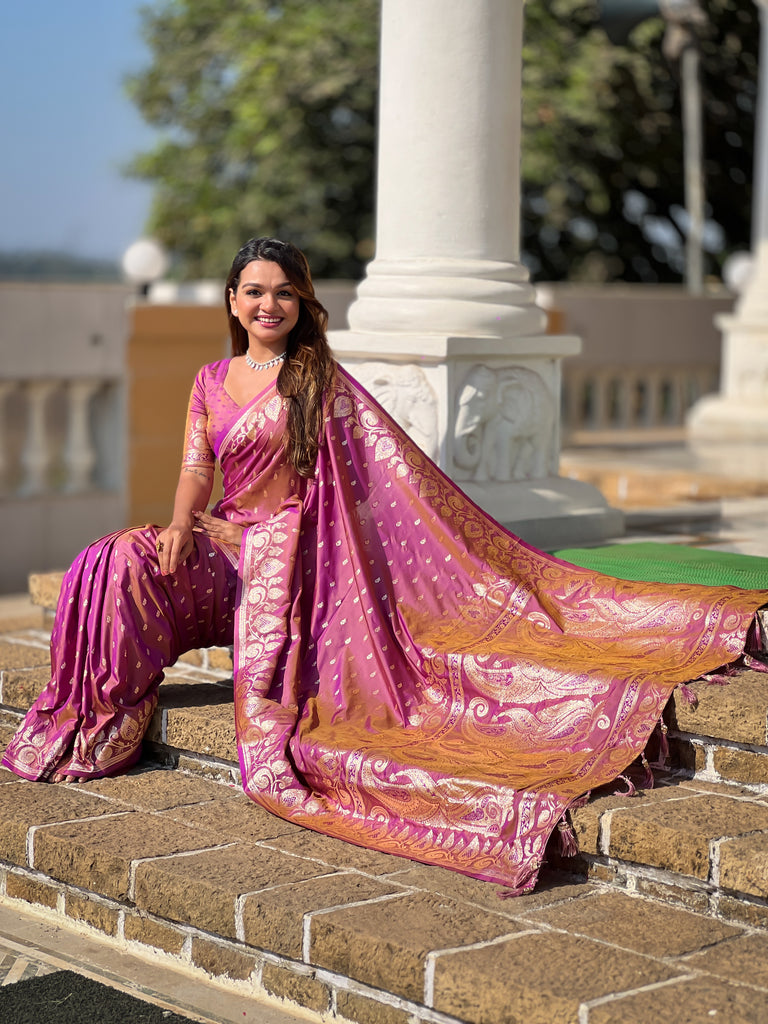Dark Peach Unique Meena Banarasi Silk Saree With Blouse Piece