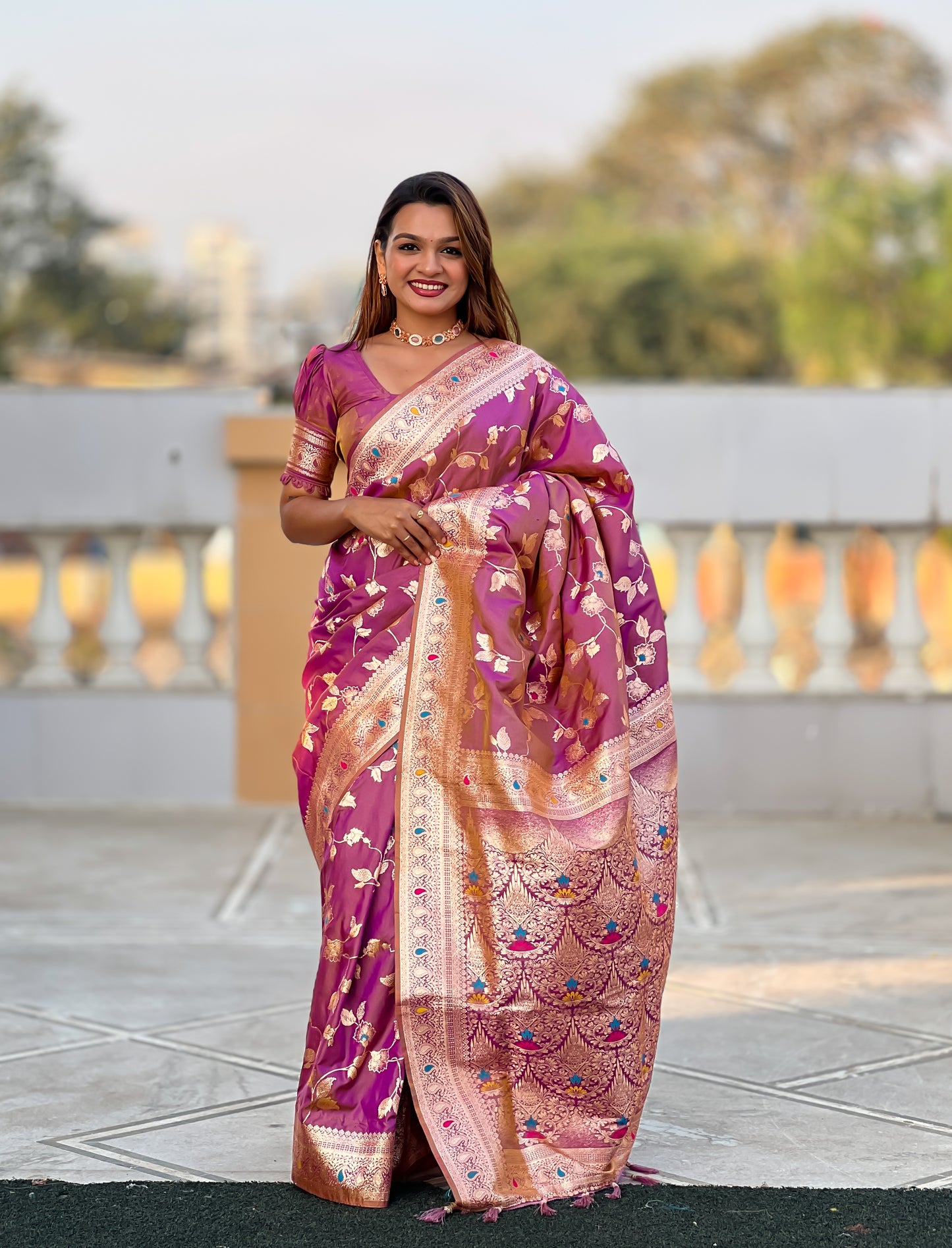 Dark Peach Meenakari Elegance Banarasi Silk Saree