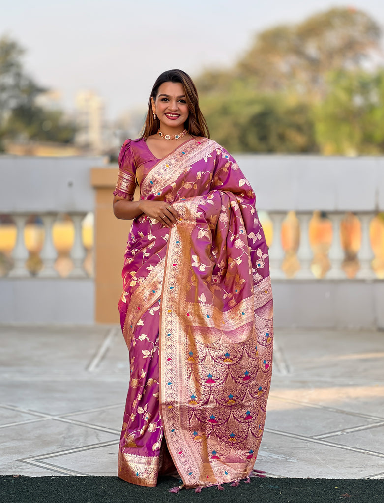 Dark Peach Meenakari Elegance Banarasi Silk Saree