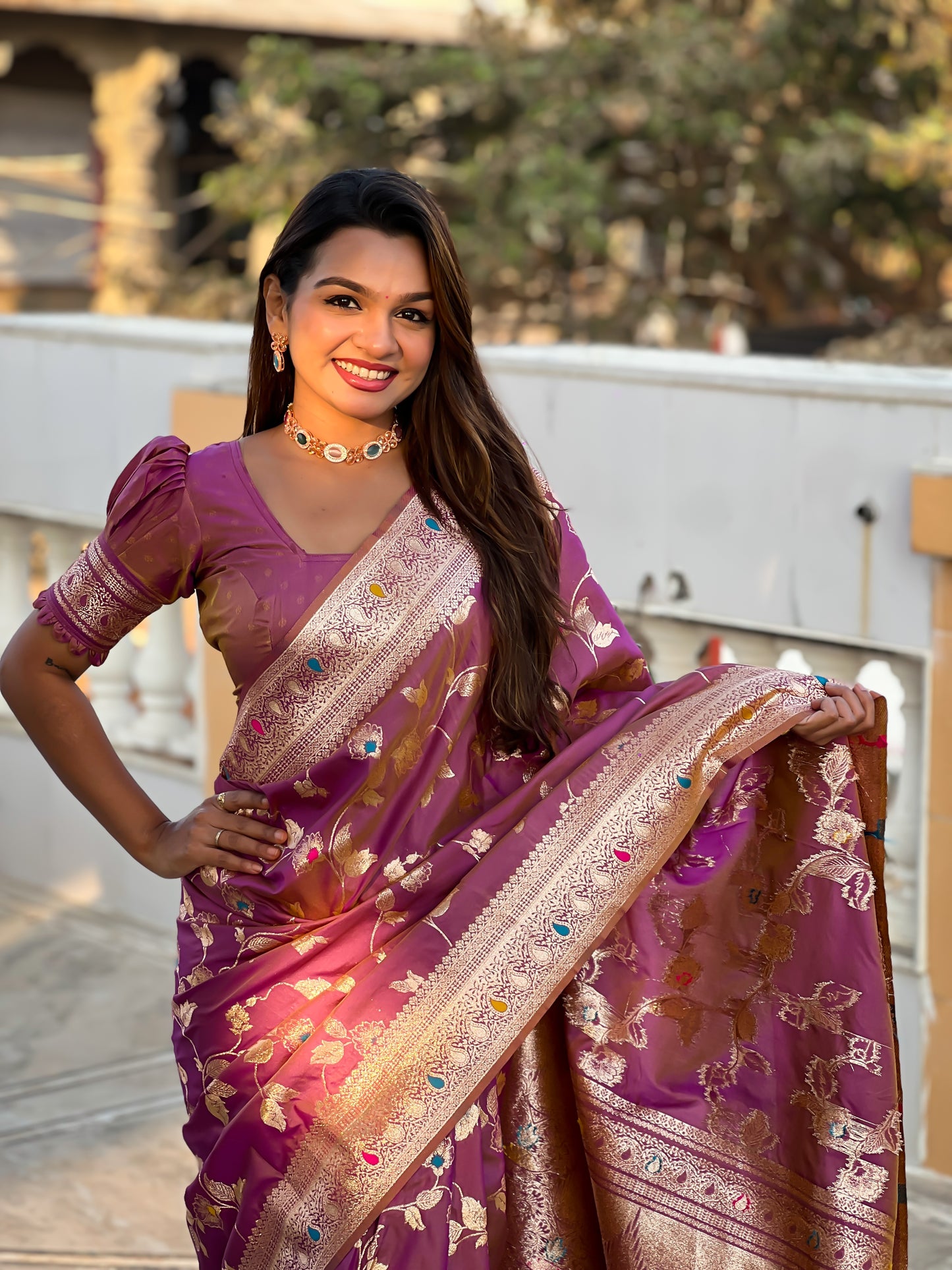 Dark Peach Meenakari Elegance Banarasi Silk Saree