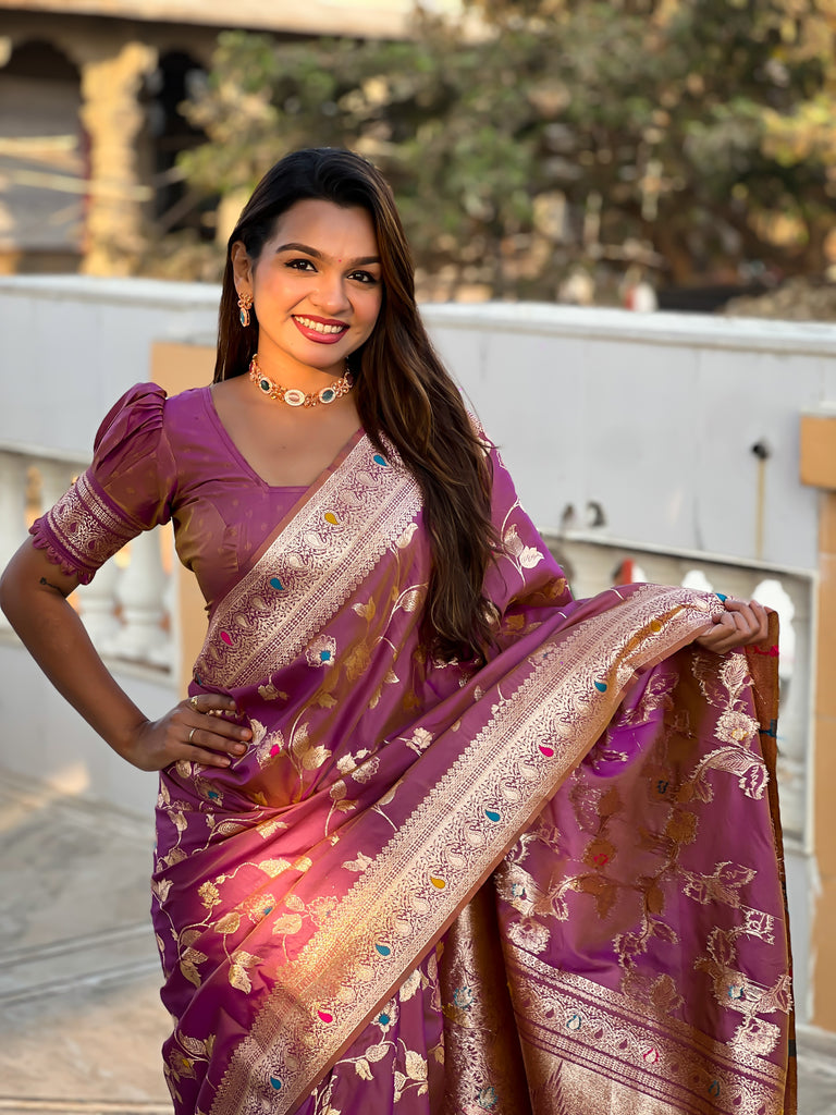 Dark Peach Meenakari Elegance Banarasi Silk Saree