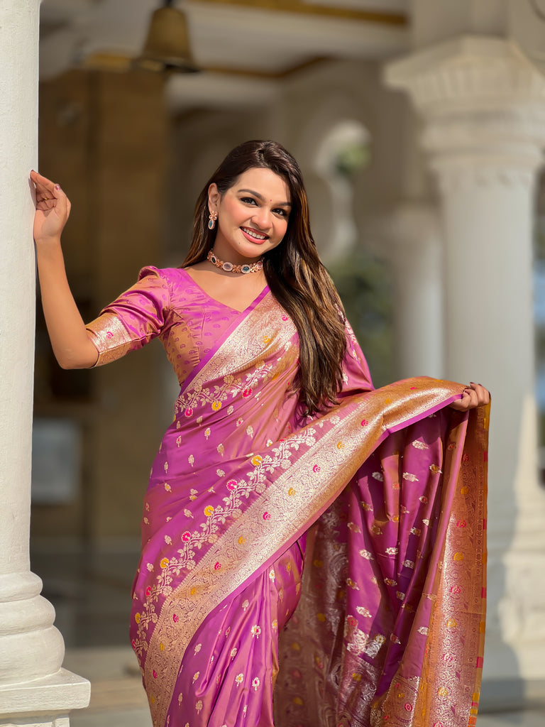 Dark Peach Graceful Meena Banarasi Silk Saree With Blouse Piece