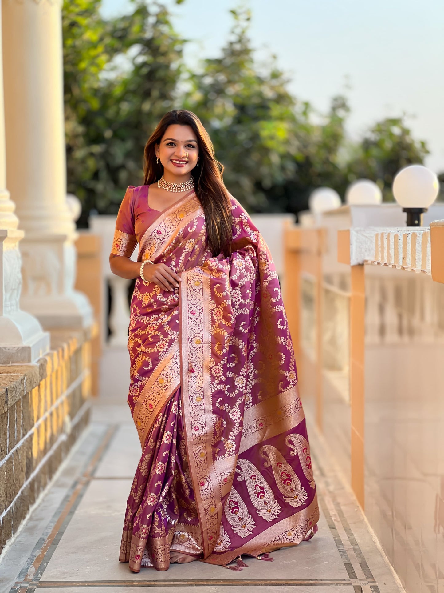 Dark Peach Graceful Glow Banarasi Silk Saree With Blouse Piece