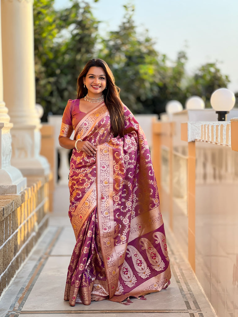 Dark Peach Graceful Glow Banarasi Silk Saree With Blouse Piece