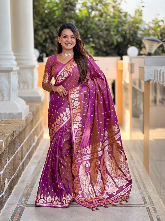Dark Peach Unique Meena Banarasi Silk Saree With Blouse Piece