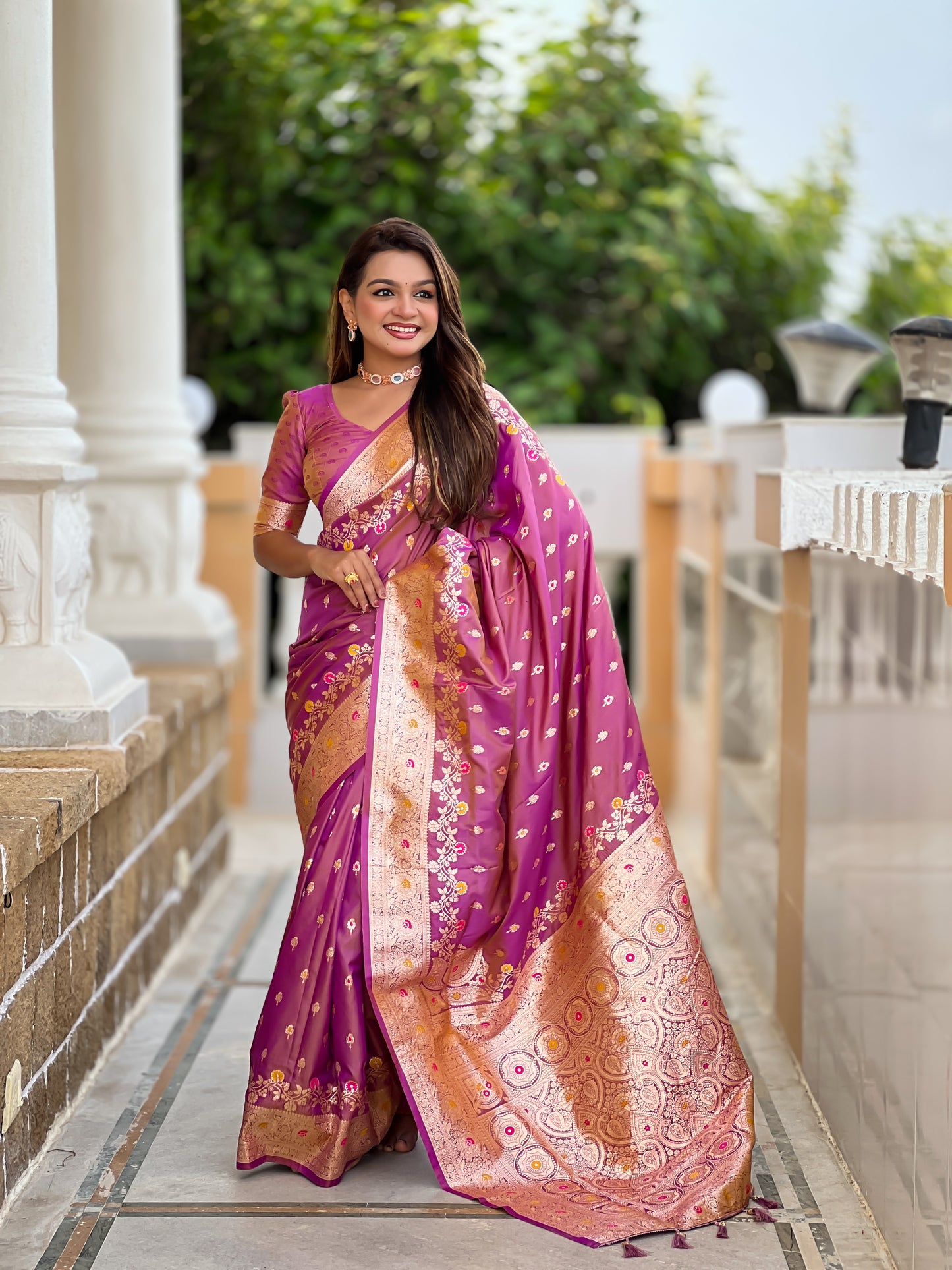 Dark Peach Graceful Meena Banarasi Silk Saree With Blouse Piece