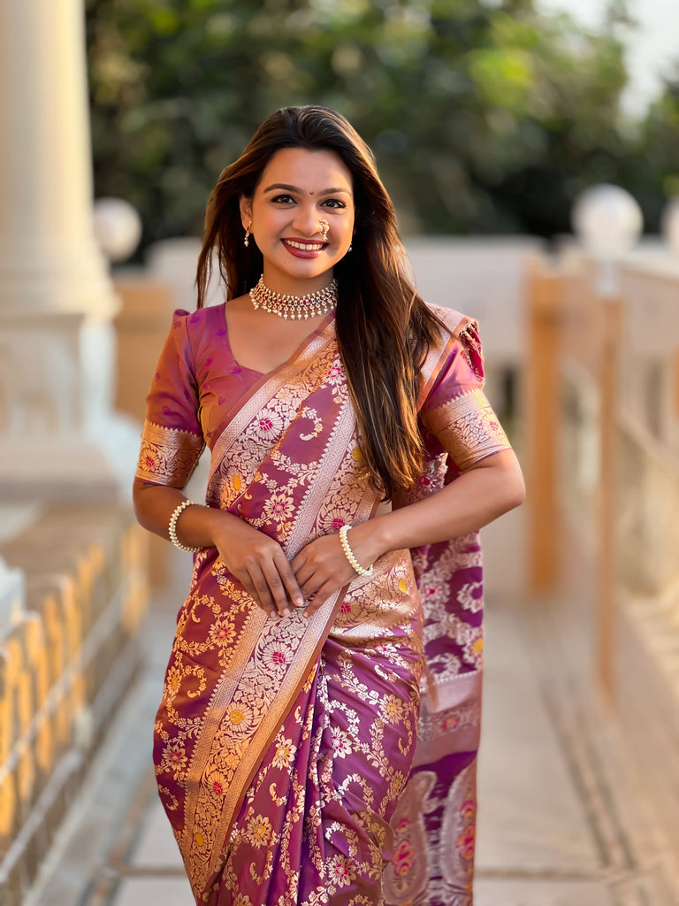 Dark Peach Graceful Glow Banarasi Silk Saree With Blouse Piece