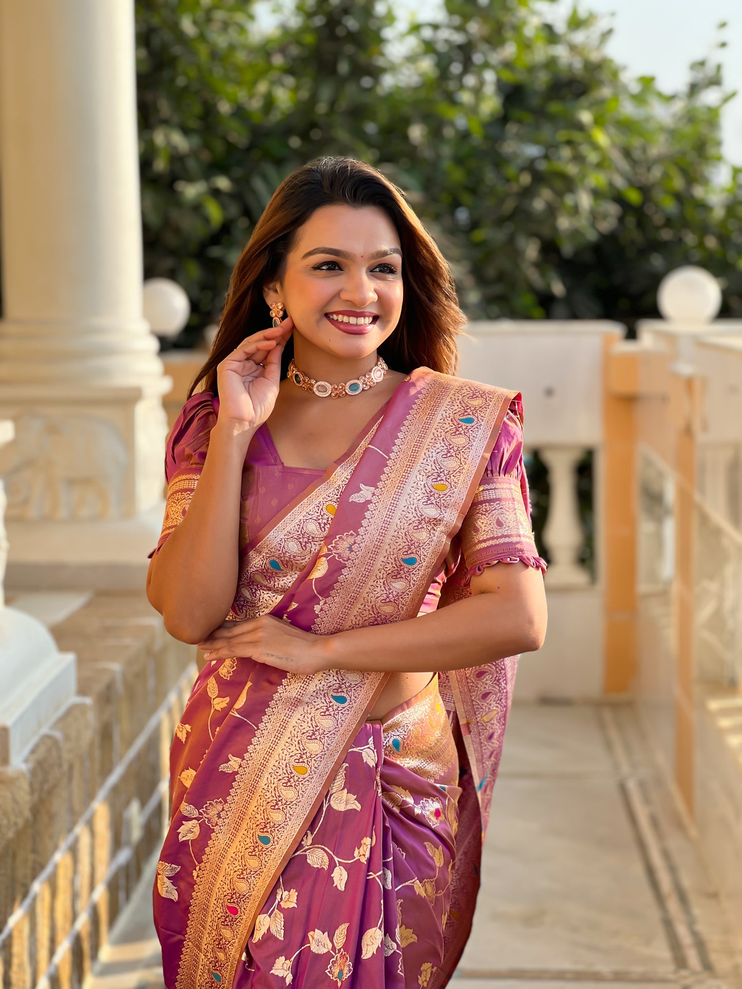 Dark Peach Meenakari Elegance Banarasi Silk Saree