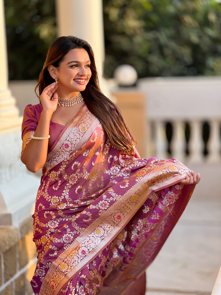 Dark Peach Graceful Glow Banarasi Silk Saree With Blouse Piece