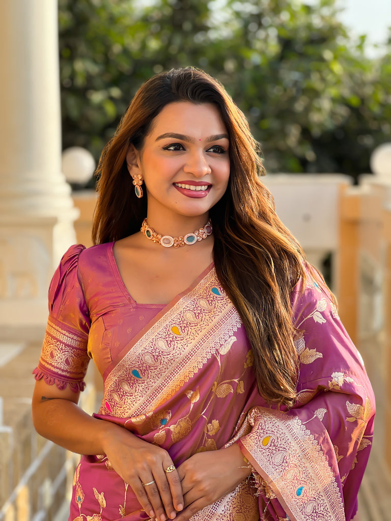 Dark Peach Meenakari Elegance Banarasi Silk Saree