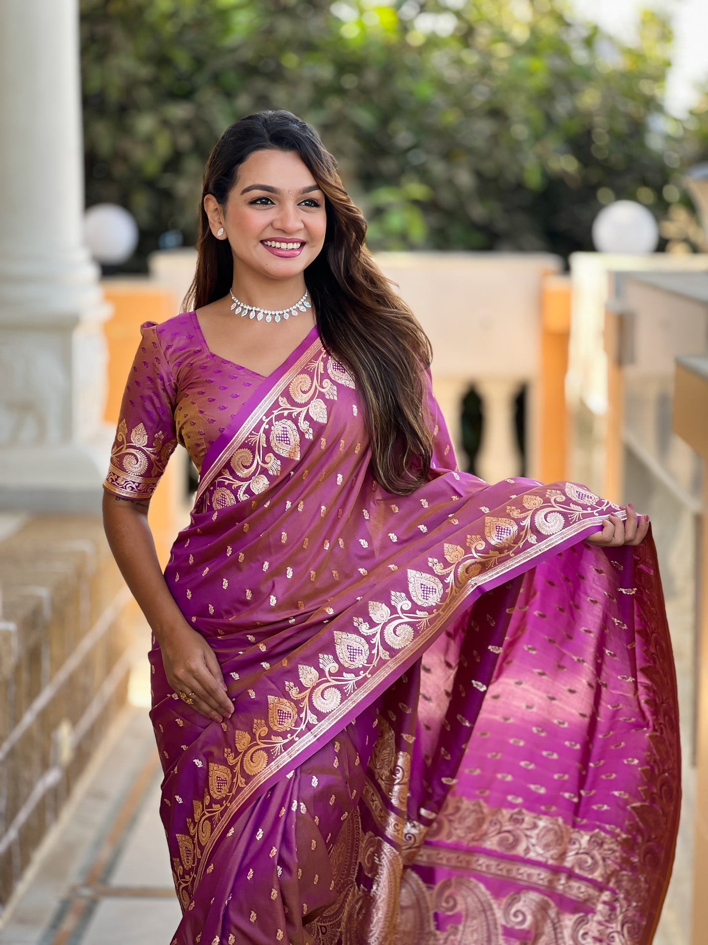 Dark Peach Unique Meena Banarasi Silk Saree With Blouse Piece
