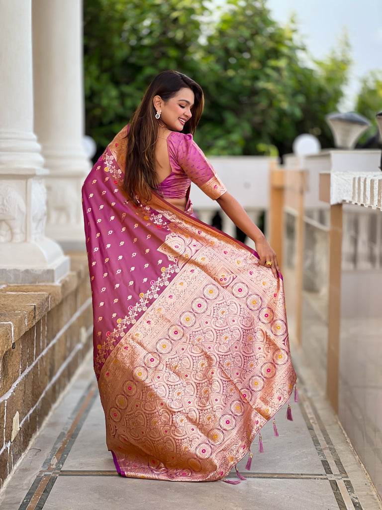 Dark Peach Graceful Meena Banarasi Silk Saree With Blouse Piece