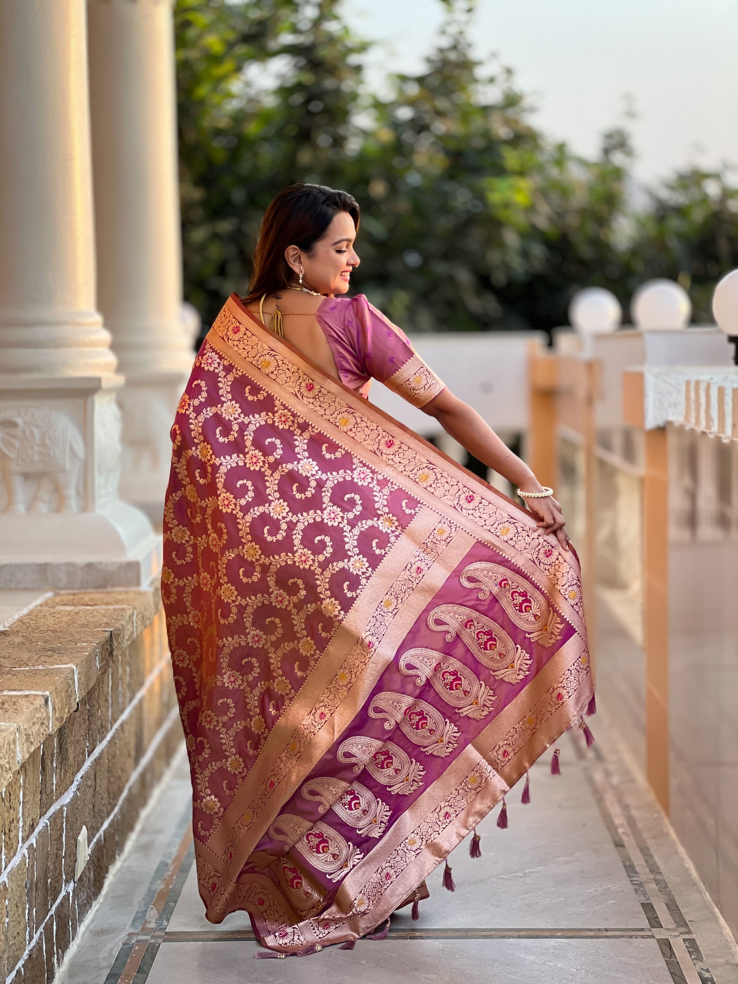 Dark Peach Graceful Glow Banarasi Silk Saree With Blouse Piece