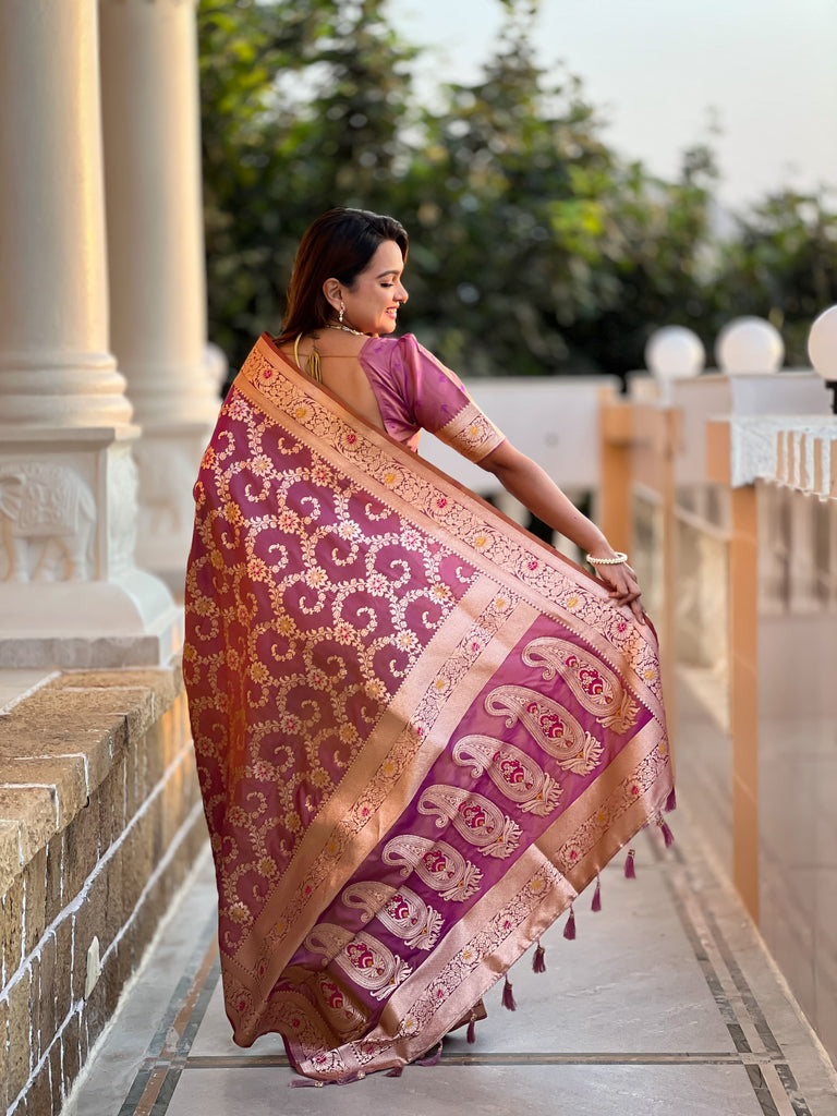 Dark Peach Graceful Glow Banarasi Silk Saree With Blouse Piece