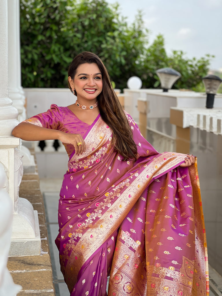 Dark Peach Graceful Meena Banarasi Silk Saree With Blouse Piece