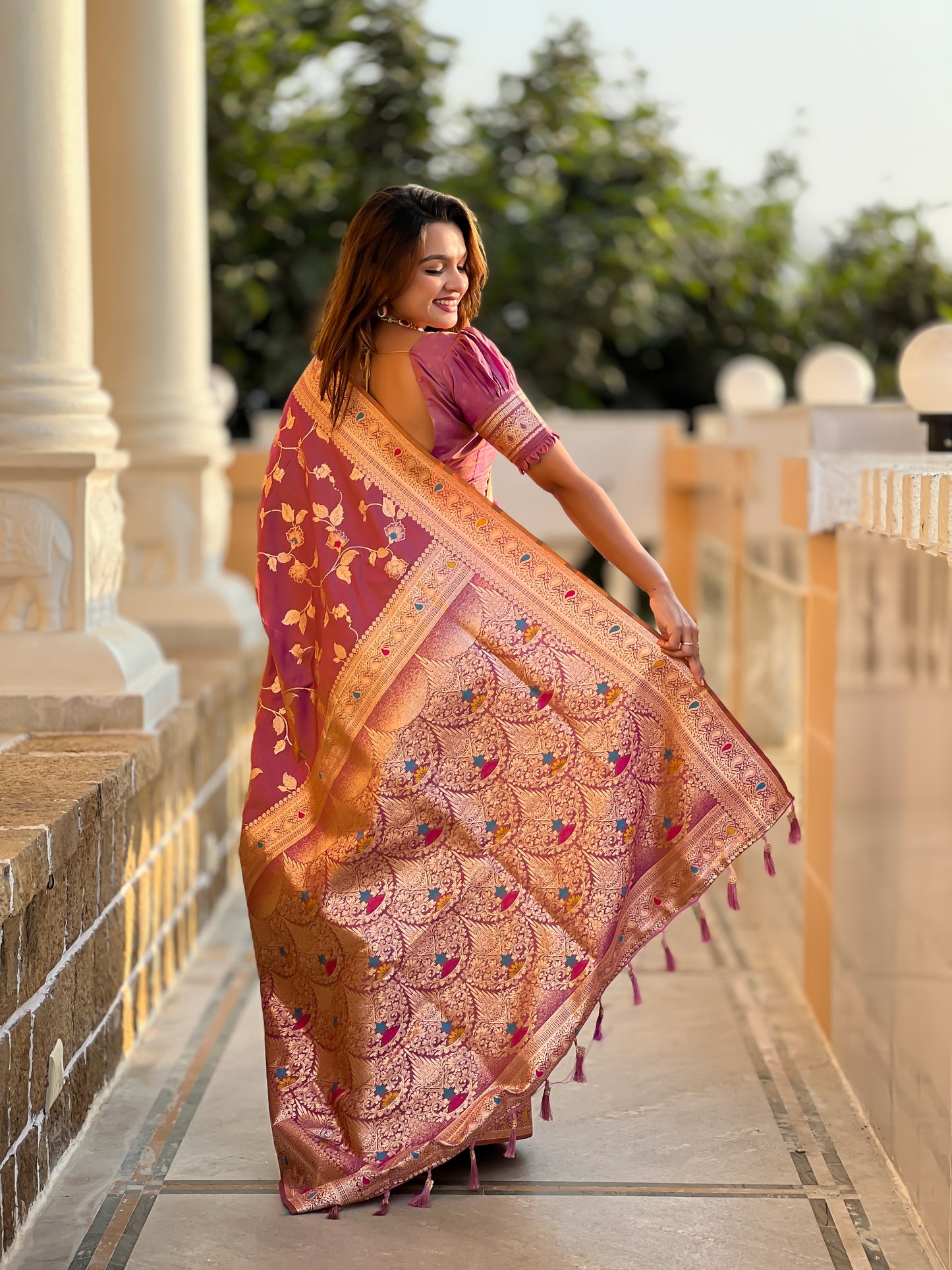 Dark Peach Meenakari Elegance Banarasi Silk Saree