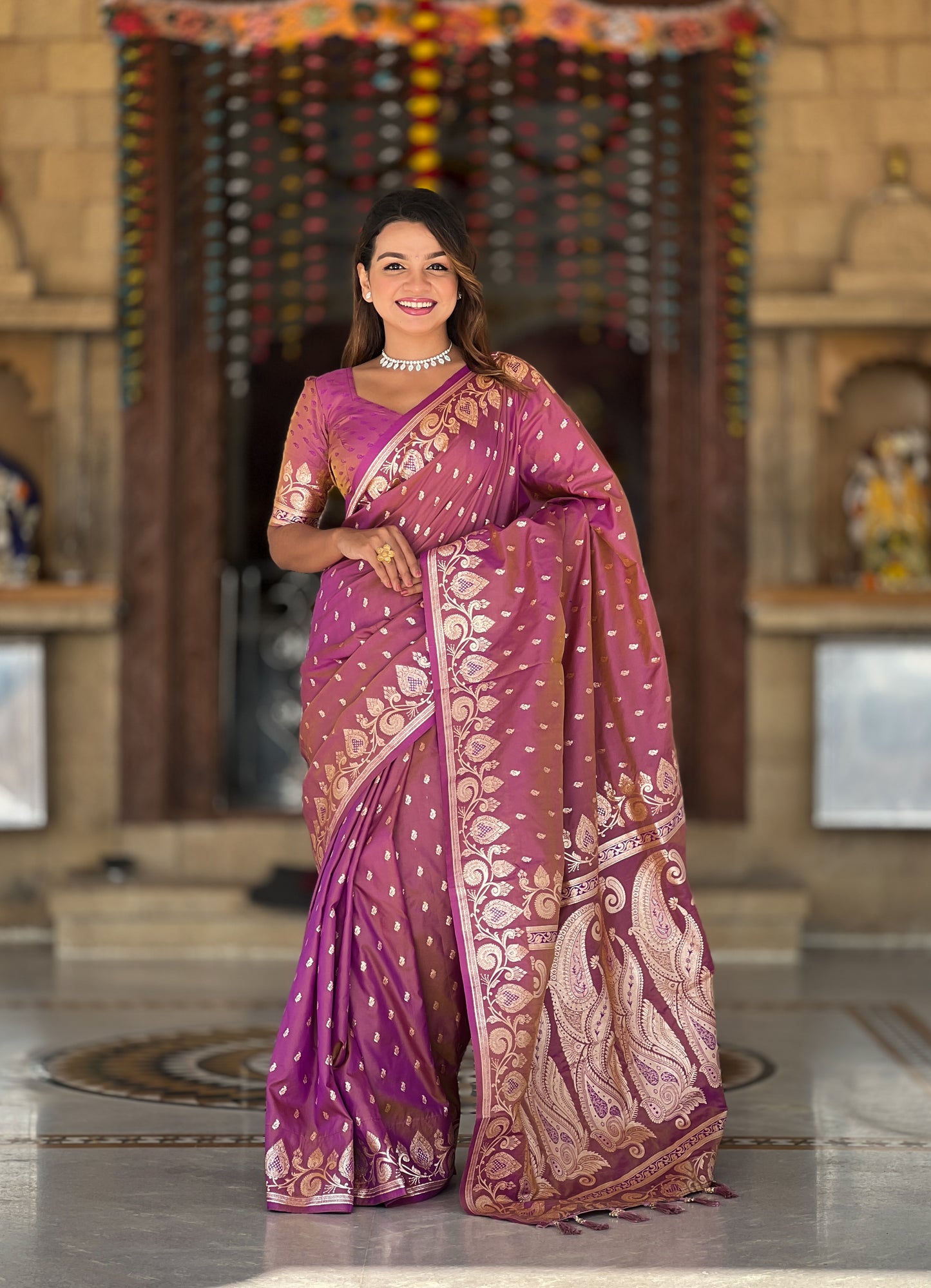 Dark Peach Unique Meena Banarasi Silk Saree With Blouse Piece